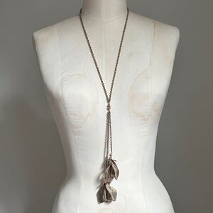 LOFT Gold Tone Long Necklace - Two Flowers Dangling Lillies Glass Beads Antiqued